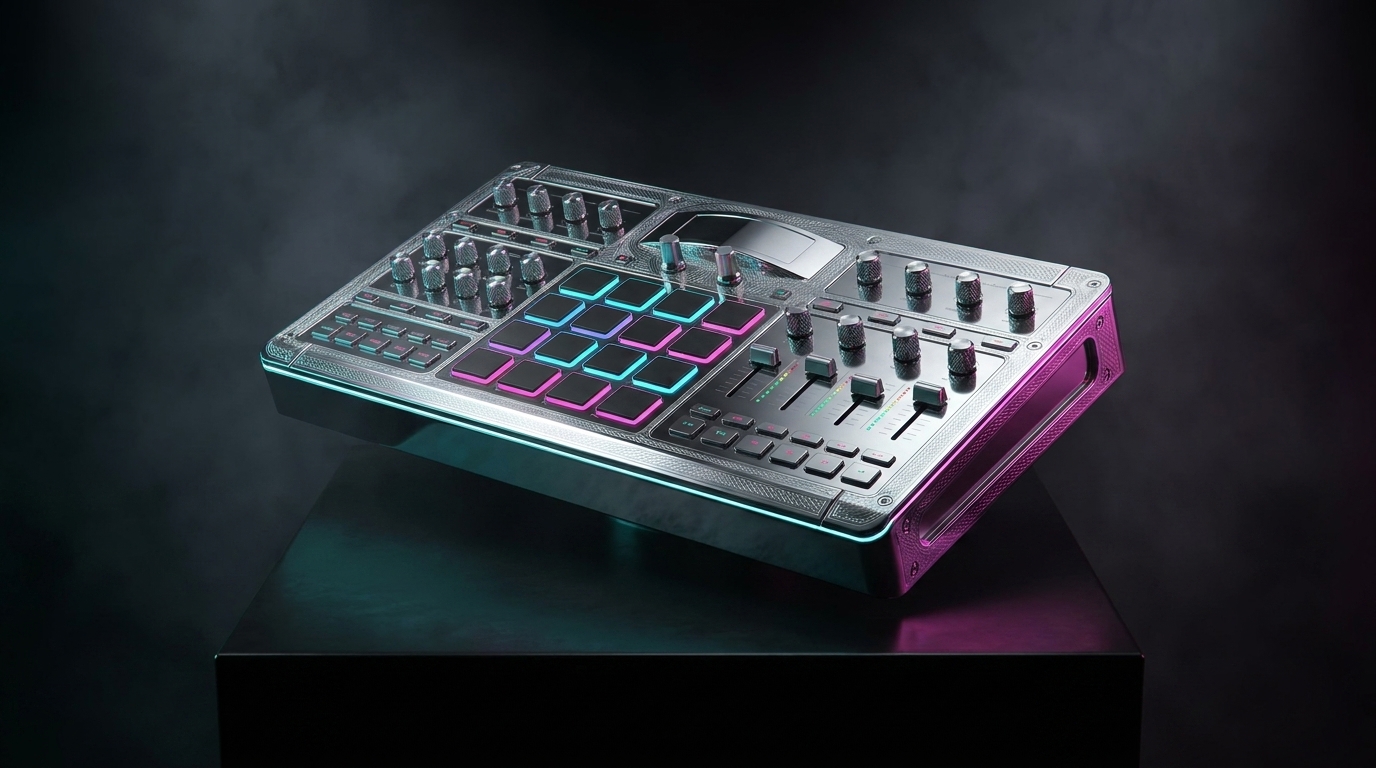 Photoreal render of the premium chrome Kortex flagship hardware unit lit with cyan and magenta rim light on absolute black.